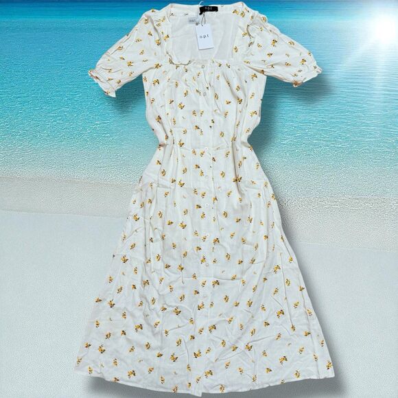 NWT Anthropologie OPT White & Yellow Floral Tie Waist Puff Sleeve Maxi Dress M - Picture 1 of 14